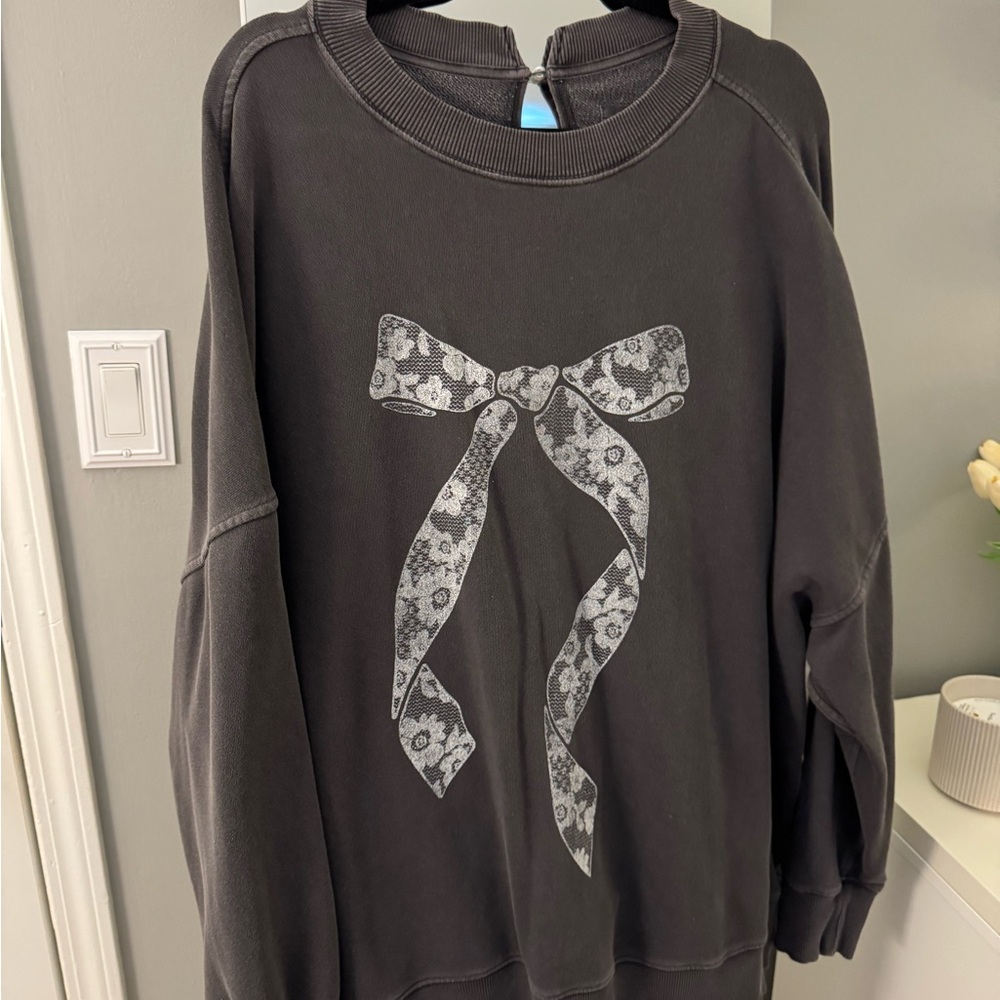 Aerie Grey Crewneck Sweater with White Bow Graphic